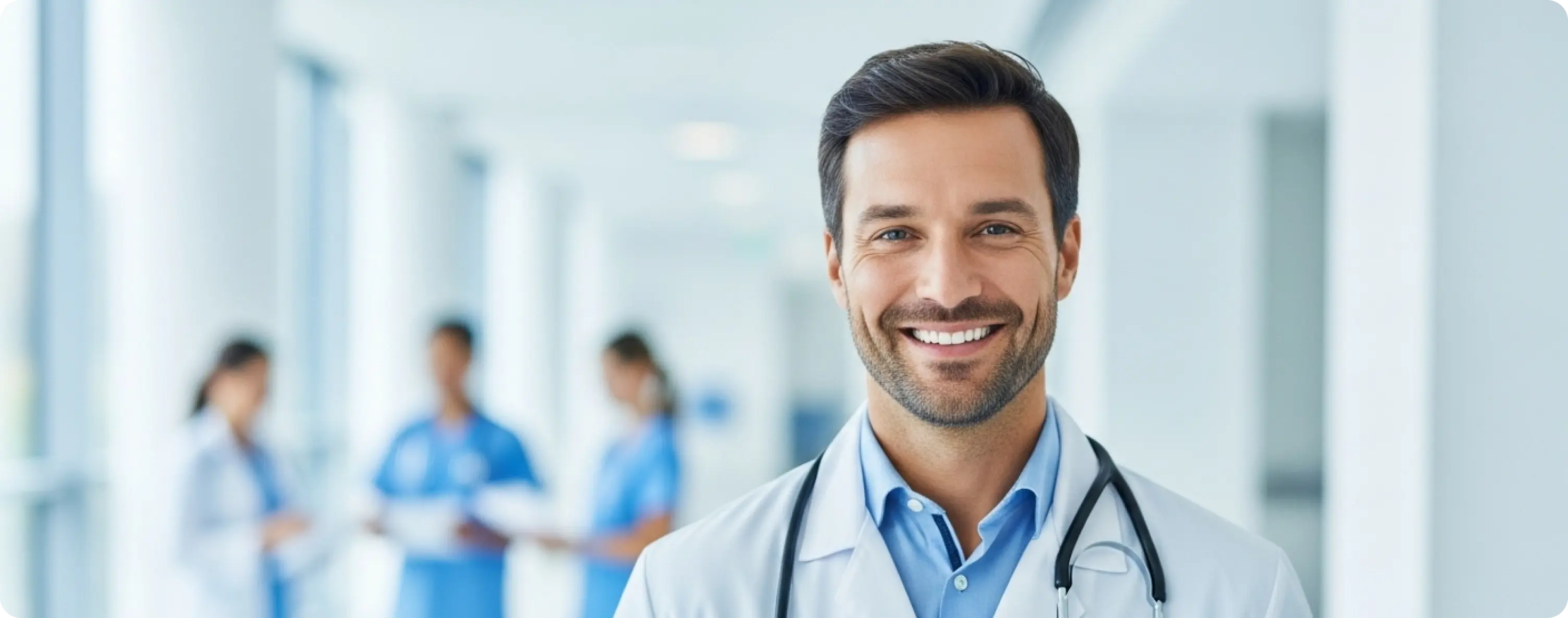 Smiling doctor in white coat with stethoscope